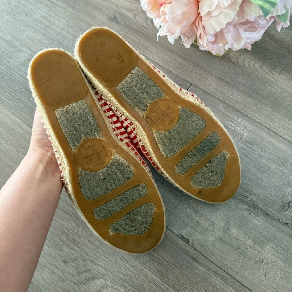 Tory Burch‎ Red Orange Striped Linen Slide On Espadrilles